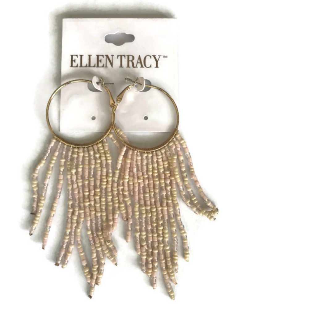 Ellen Tracy Beaded Fringe Hoop Earrings